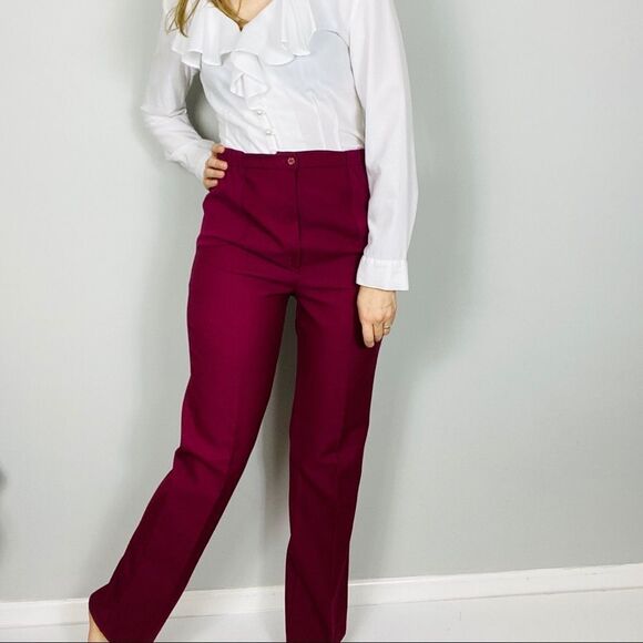 Vintage High-Waisted Burgundy Trousers – Classic Tailored Straight Leg Pants - Picture 2 of 9